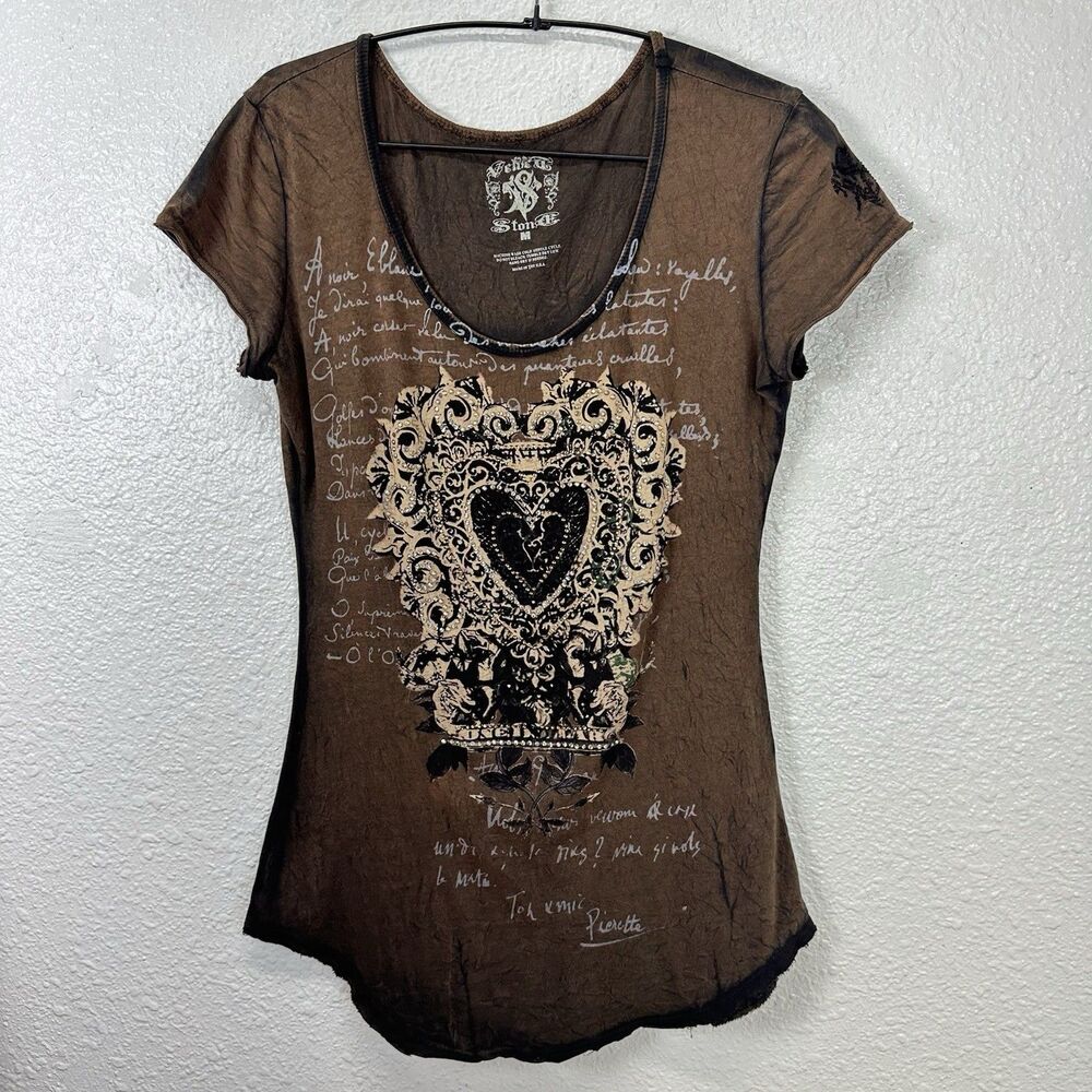 Velvet Stone T-shirt SzM Embellished Bling Crown Heart Brown Acid Wash Western